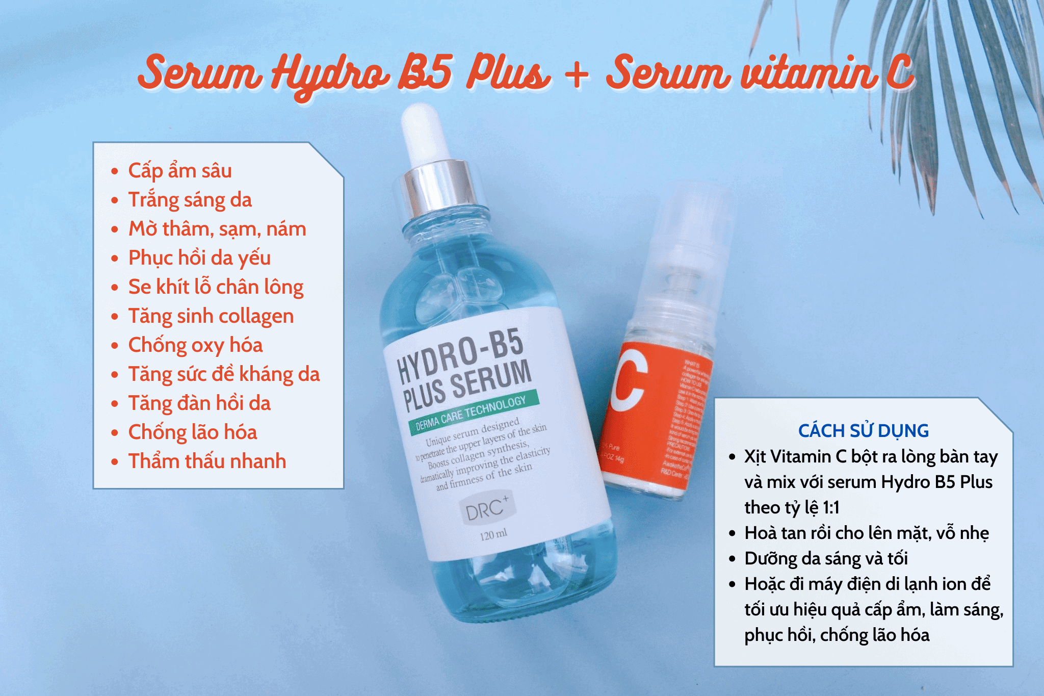 Combo trắng sáng, phục hồi và trẻ hóa da Serum Hydro B5 Plus và Vitamin C bột