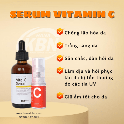Hình ảnh serum vitamin C và bột vitamin C (Bên phải)